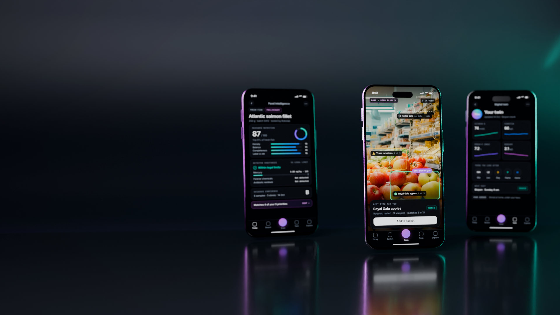 The Wallace App on three phones: a food result, a shelf scan and a family of digital twins