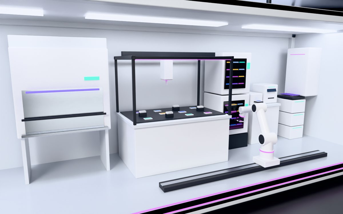 Render of Robosynth Biology: a safety cabinet, a liquid handler with well plates and tips, stacked incubators, a plate reader and a mass spectrometer