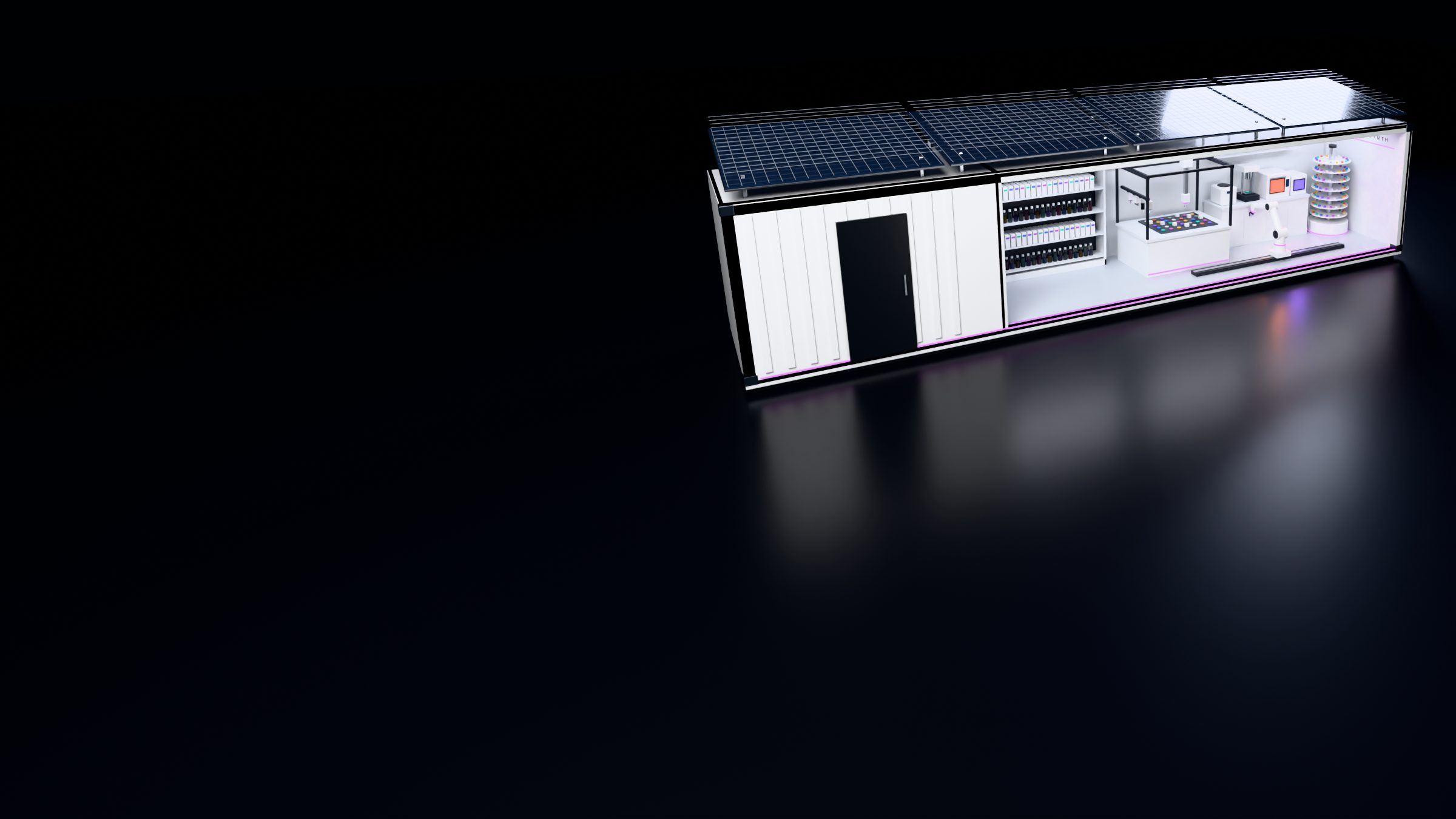 Render of a Robosynth unit: a 40 foot container cut away to show the reagent wall, the print and dispense cell, the oven, the sample carousel and a robot arm